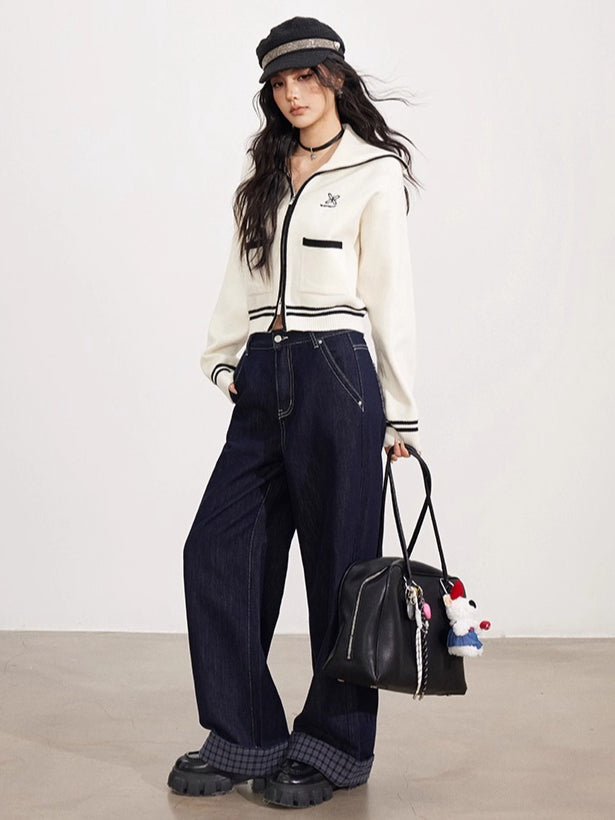 Contrast Trim Zip-Up Sailor Collar Knit Cardigan - CHINASQUAD