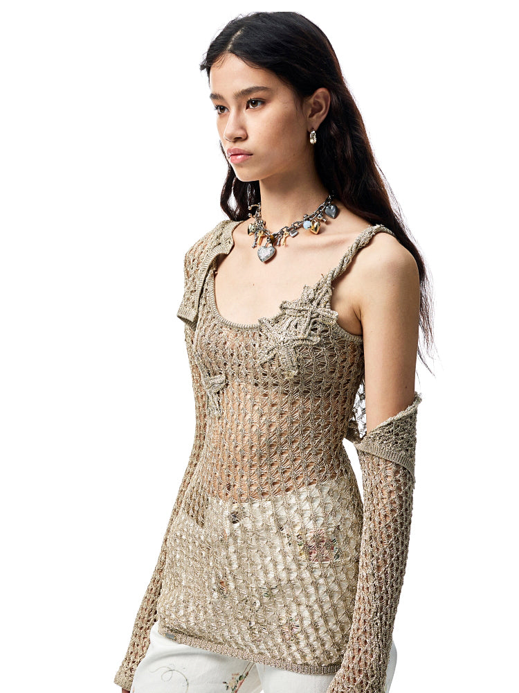 Hollow-Out Knitted Cropped Long-Sleeve Cover-Up - CHINASQUAD