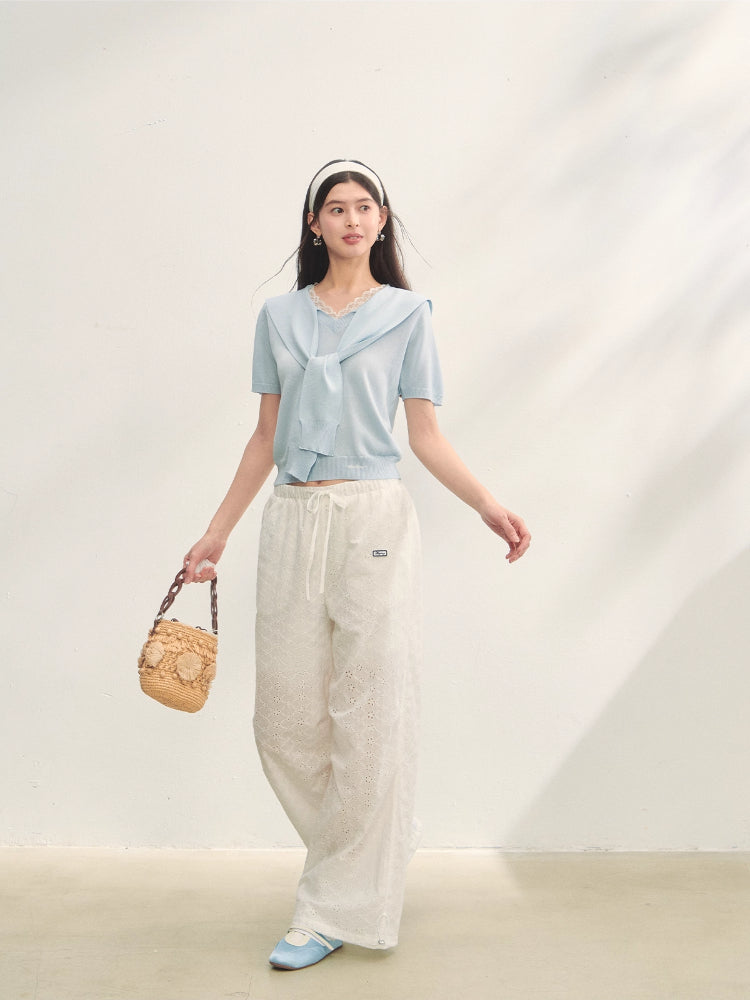 Lace Spliced V-Neck Knitted T-Shirt - CHINASQUAD