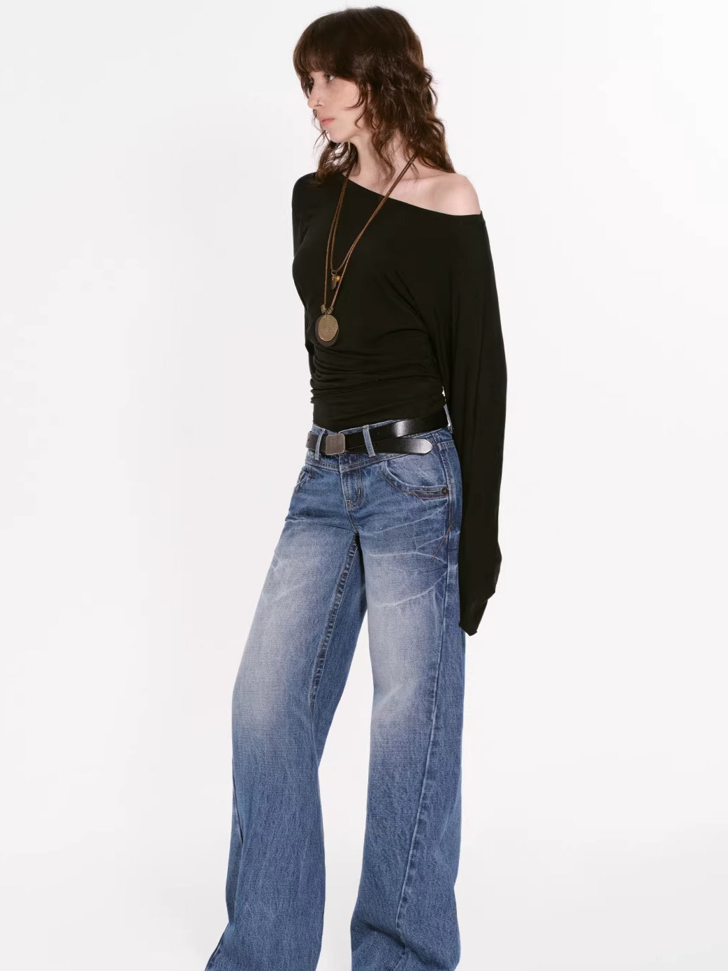 Draped Lyocell Off-Shoulder Long Sleeve T-Shirt