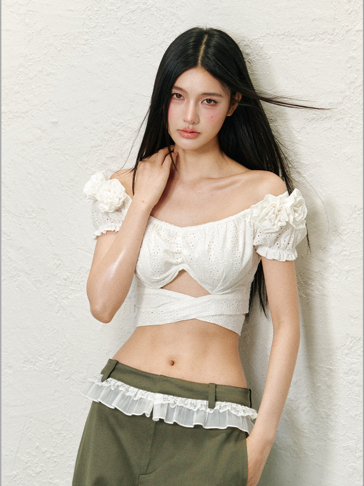 White 3D Flower Hollow Out Top - CHINASQUAD