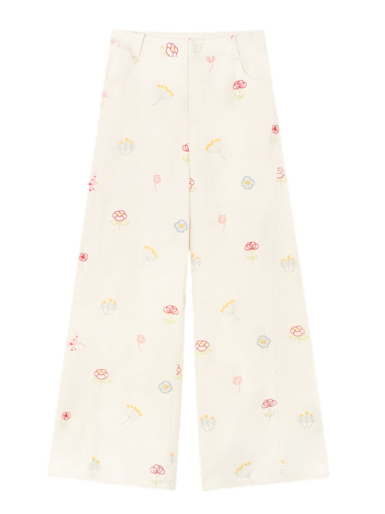 Floral Embroidered Casual Straight-leg Pants - CHINASQUAD