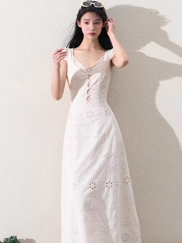 Cream White Lace-Panel Slim Fit Textured Dress