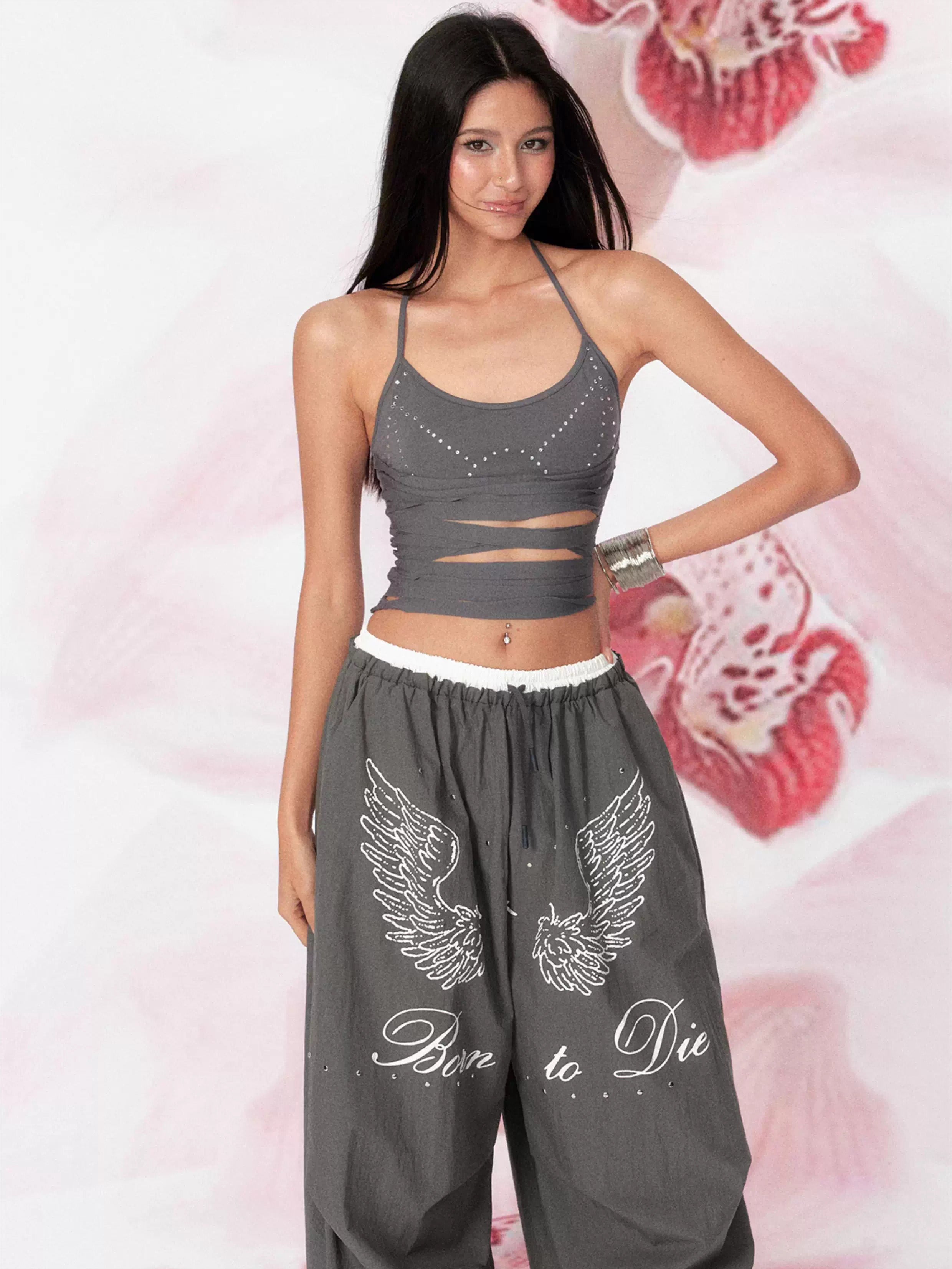 Cotton Cut-Out Rhinestone Halter Knit Cami Top