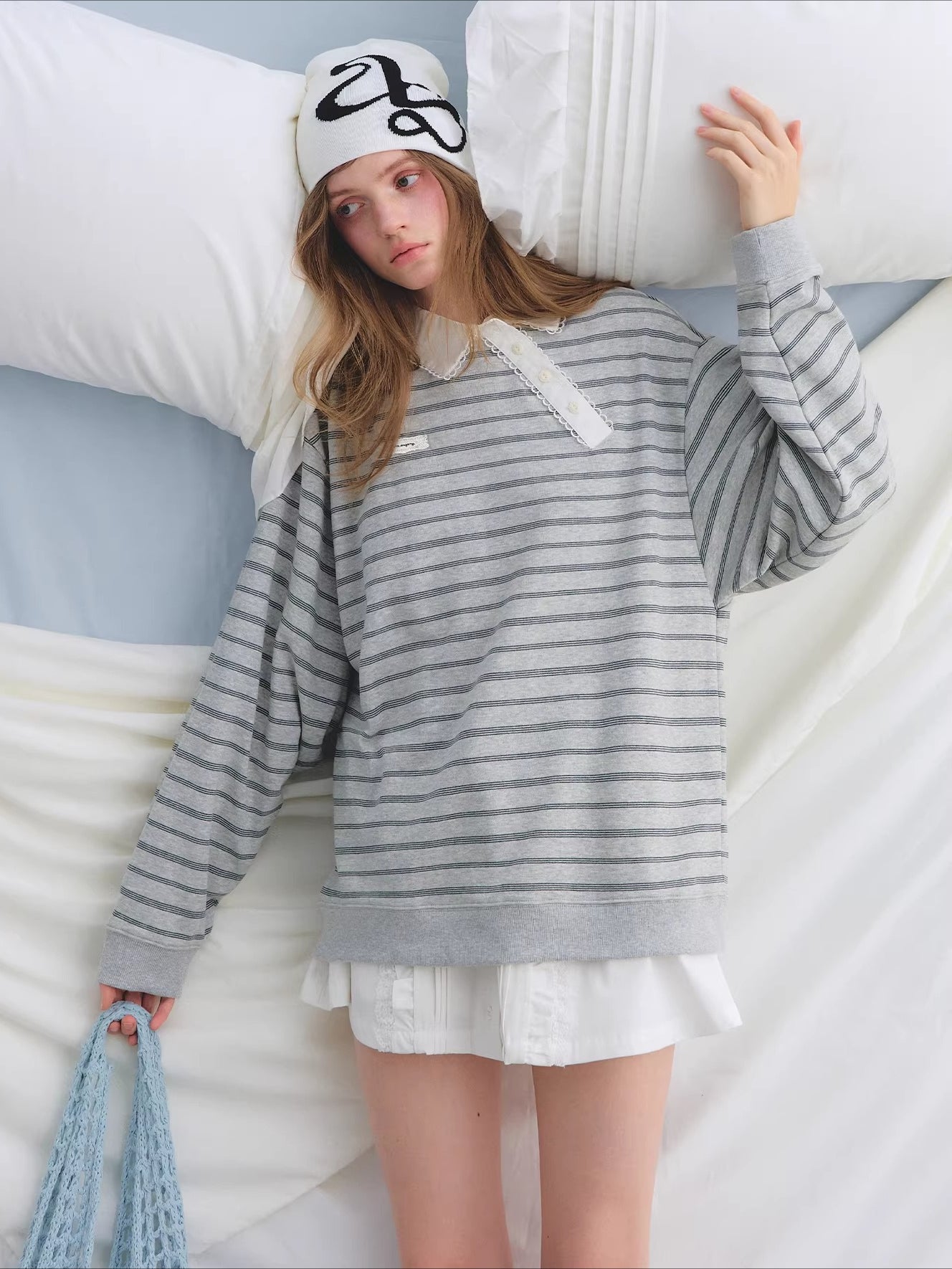 Placket Ruffle Collar Striped Sweatshirt