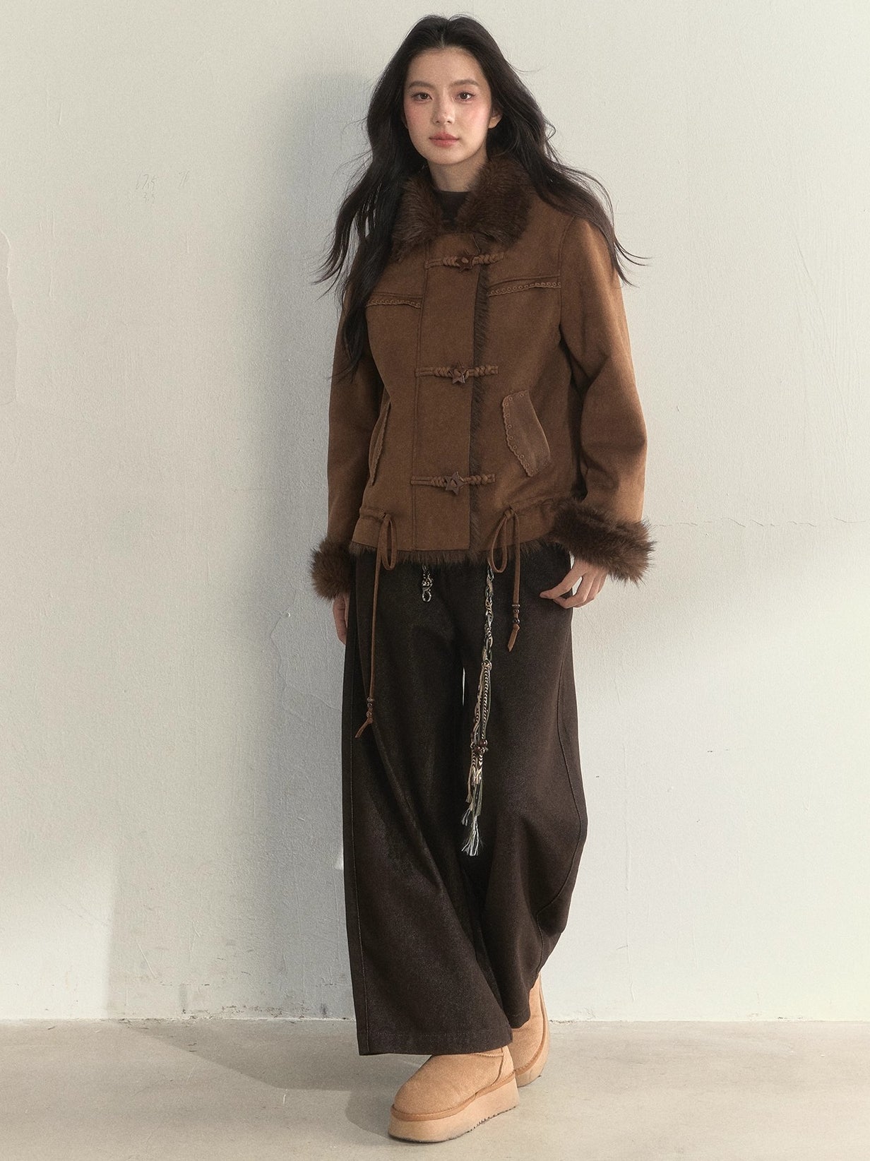 Oak Brown Suede Embroidered Shearling Jacket