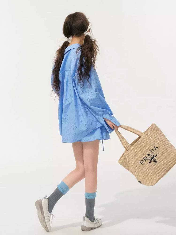 Collar Cut-Out Floral Shirt & Skirt Set - CHINASQUAD