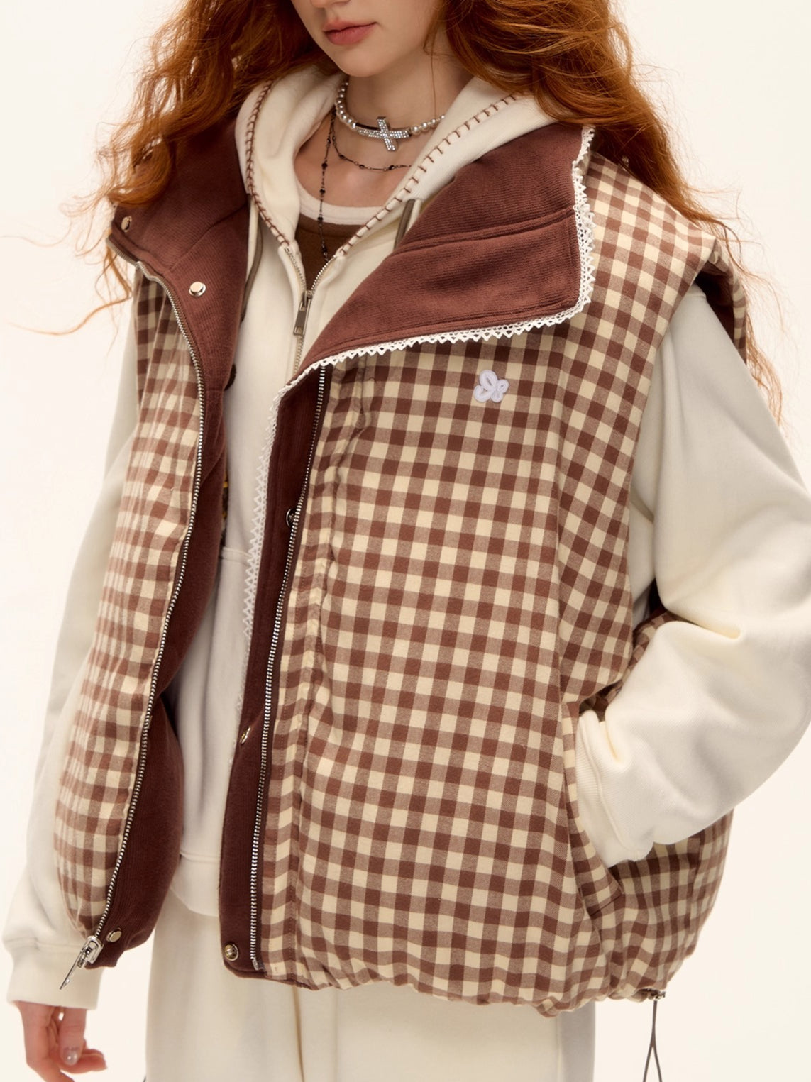 Reversible Plaid Lace-Trim Padded Vest