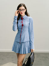 Navy Blue Rose Plaid Pleated Skirt - CHINASQUAD