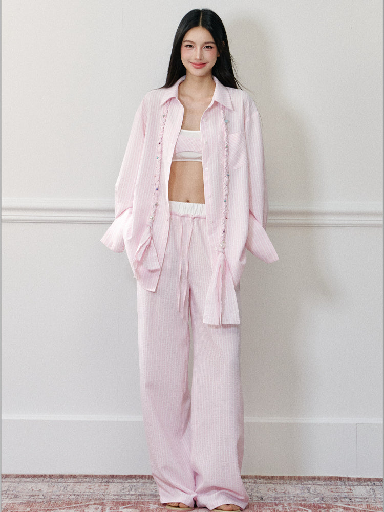 Pink Oversized Striped Shirt - CHINASQUAD