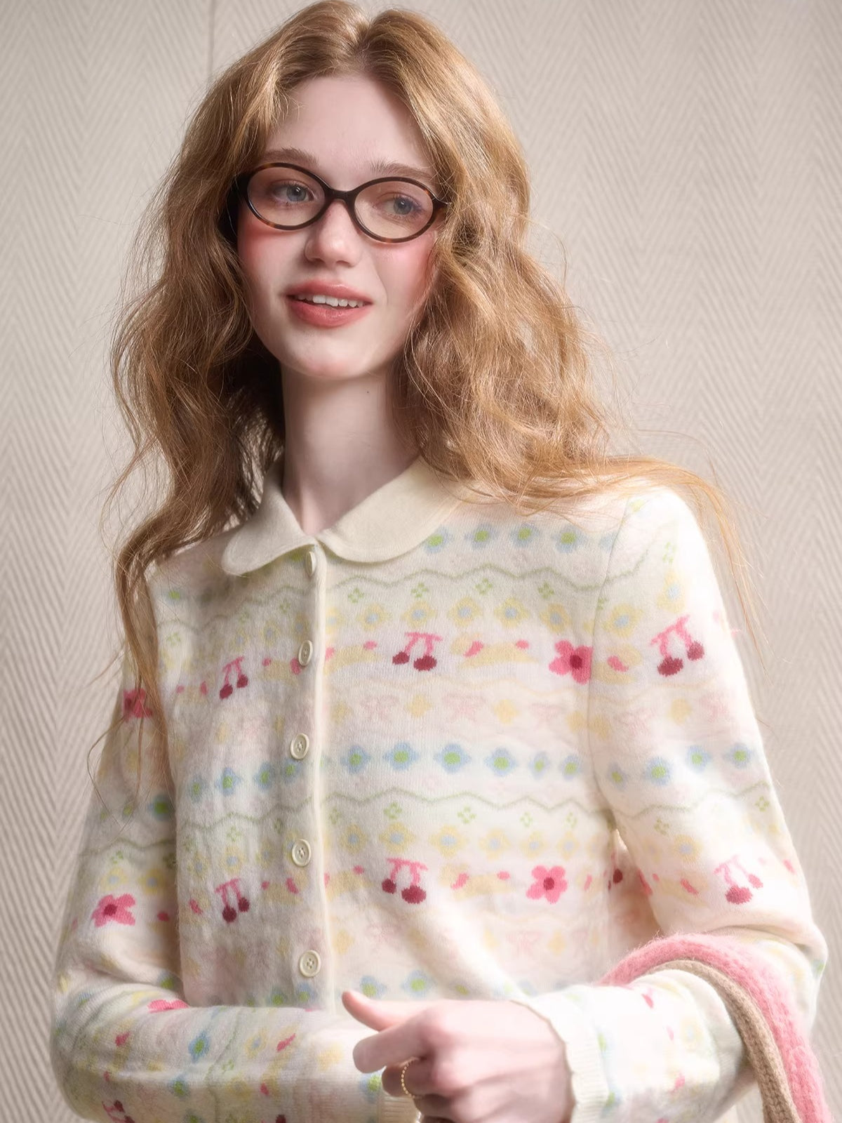 Jacquard Doll-Collar Knit Cardigan