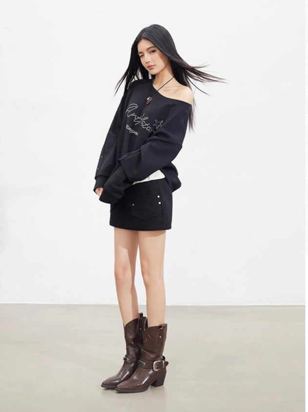Studded Letter Off-Shoulder Sweatshirt - CHINASQUAD