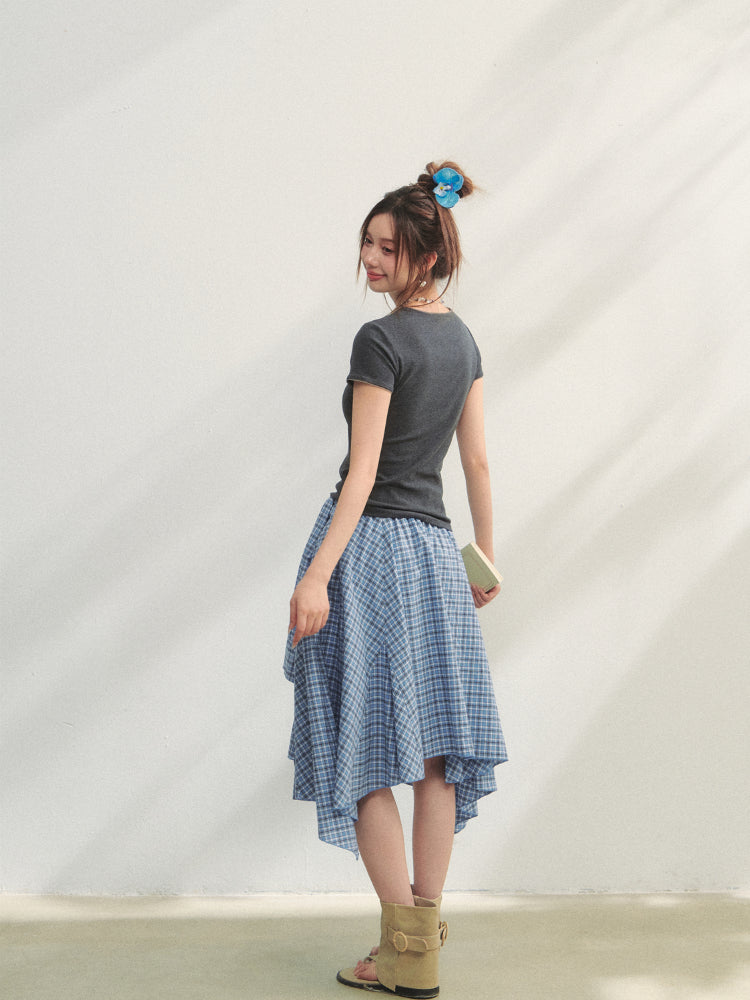 Blue Checkered Irregular Tie-Waist Skirt - CHINASQUAD
