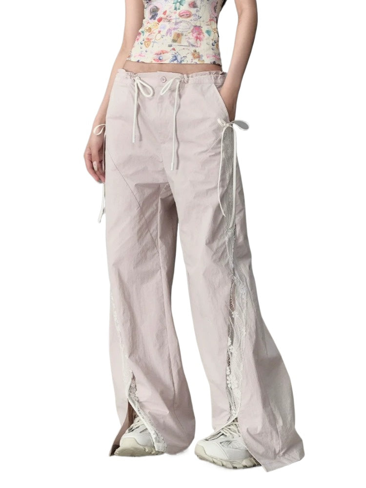 Pink Lace Patchwork Casual Cargo Pants - CHINASQUAD