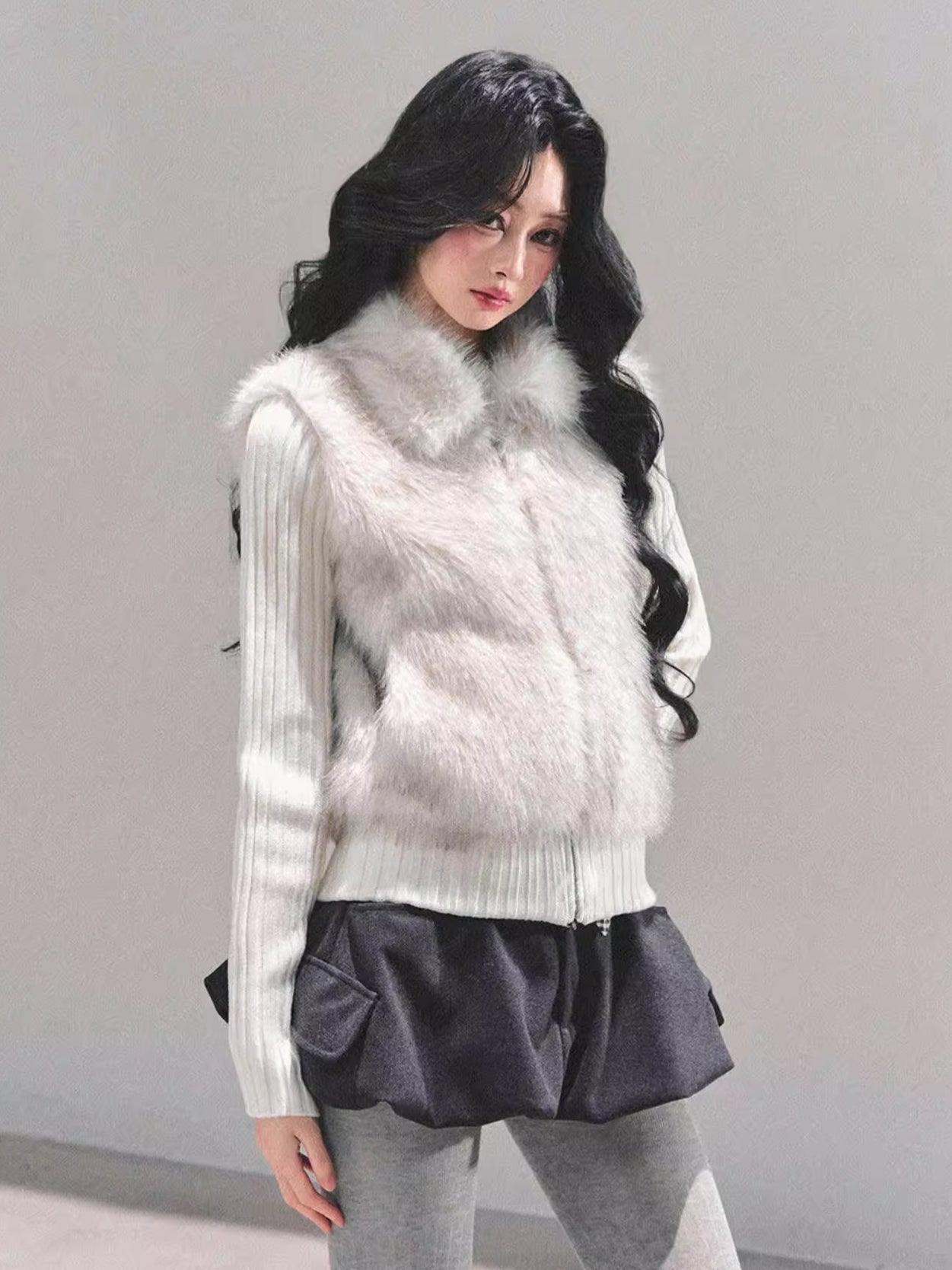 Faux Two-Piece Eco Fur Knit Jacket