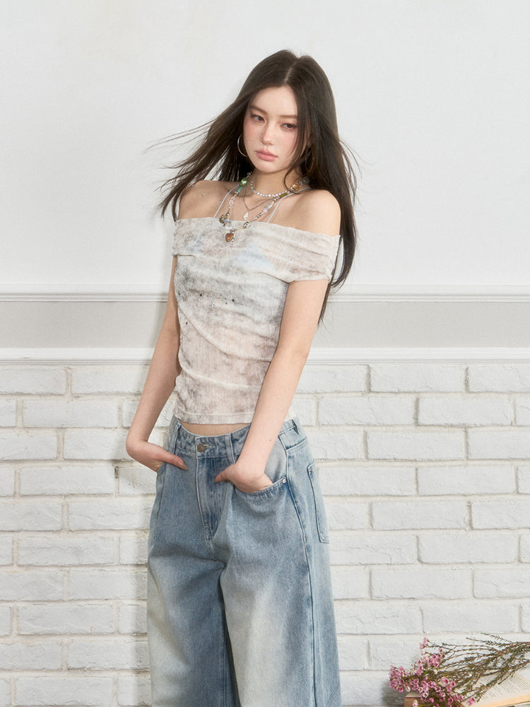 Colorful Rhinestone One-Shoulder Top T-shirt - CHINASQUAD