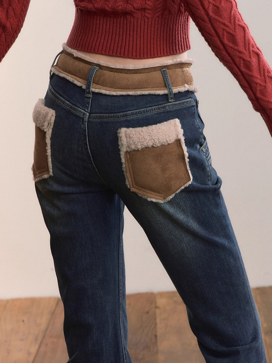 Contrast Panel Faux Fur Waist  Flare Jeans