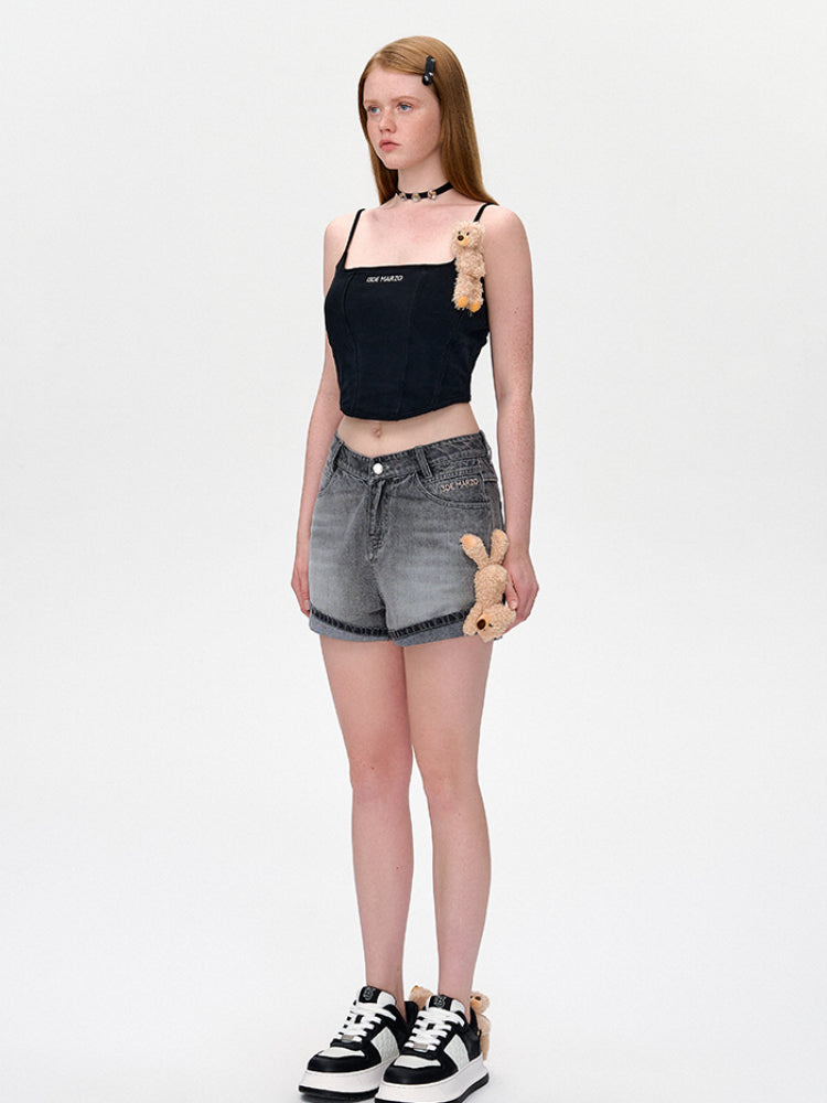 Cuffed A-Line Denim Shorts - CHINASQUAD
