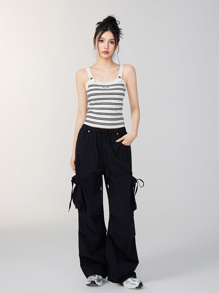 Bowknot Tie Waist Cargo Wide-Leg Pants - CHINASQUAD