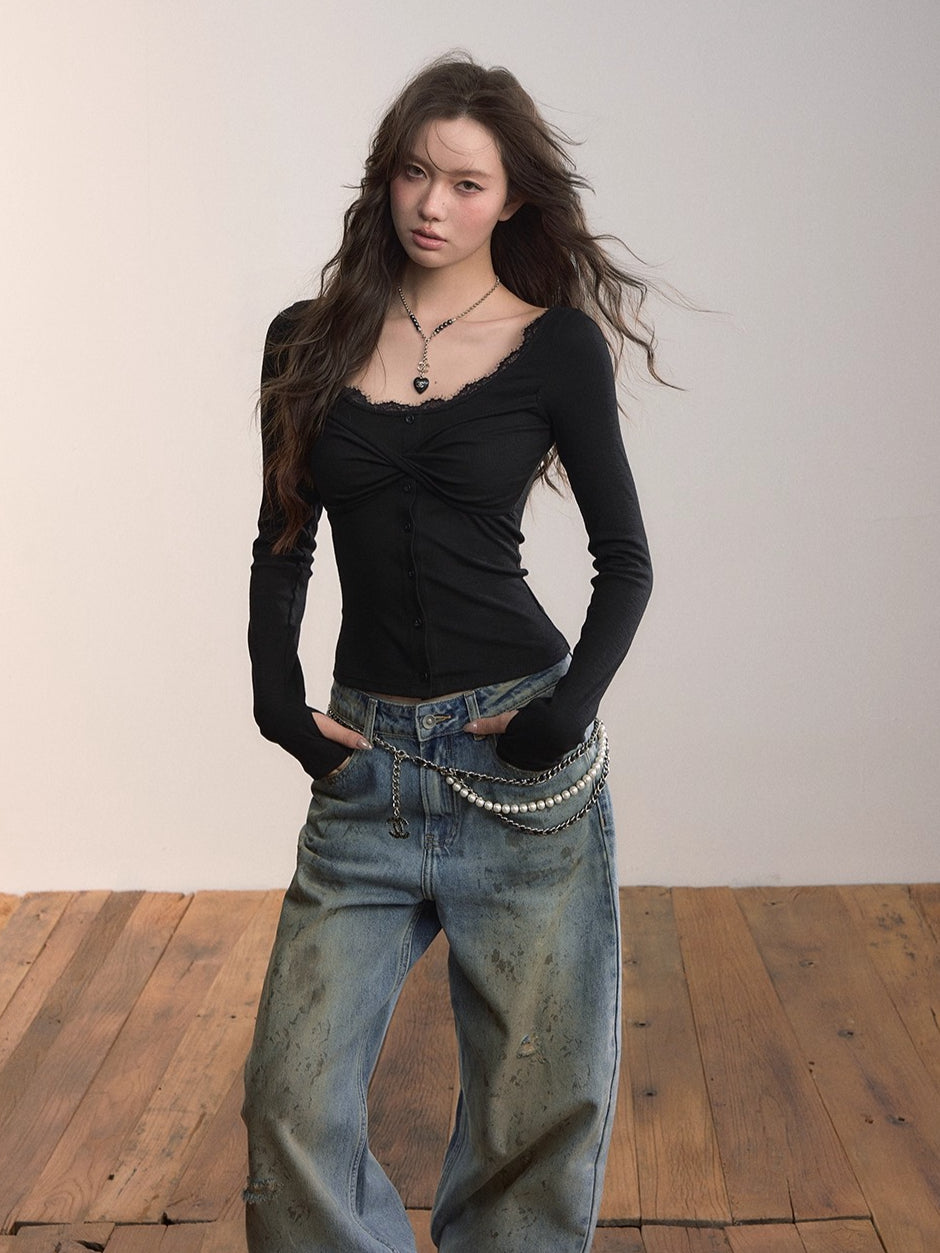 Lace Trim Button-Up Fitted Long Sleeve T-Shirt - CHINASQUAD