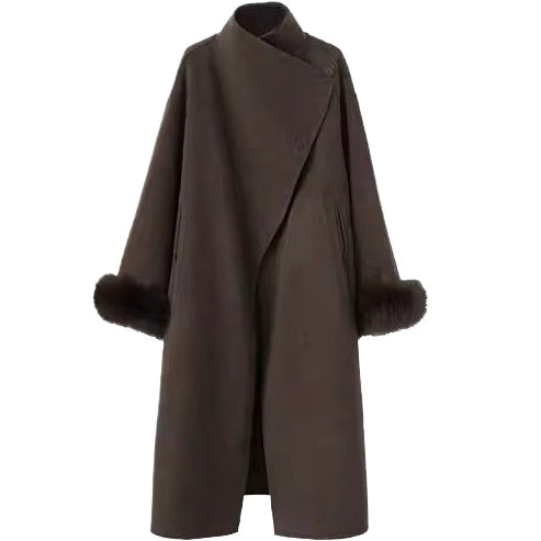 Elegant Fox-Fur Sleeve Long Wool Coat