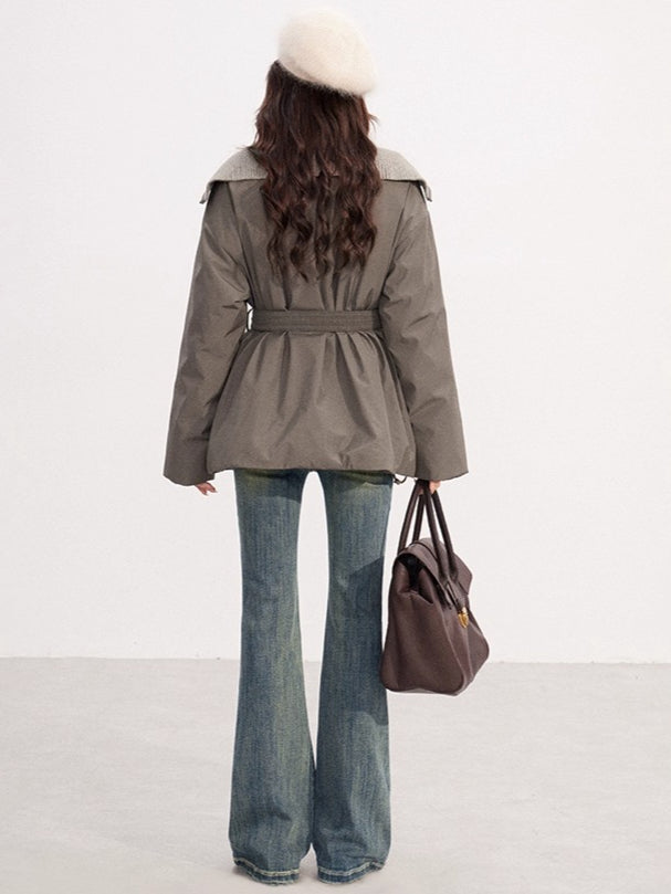 Belted Contrast-Knit Collar Down Coat