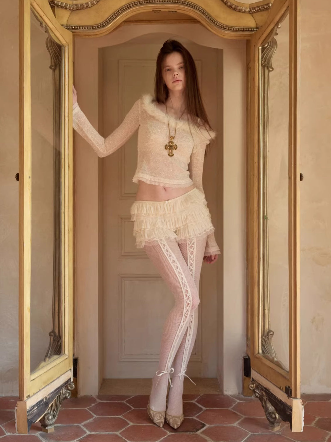 Off-Shoulder Sequin Knit Crewneck