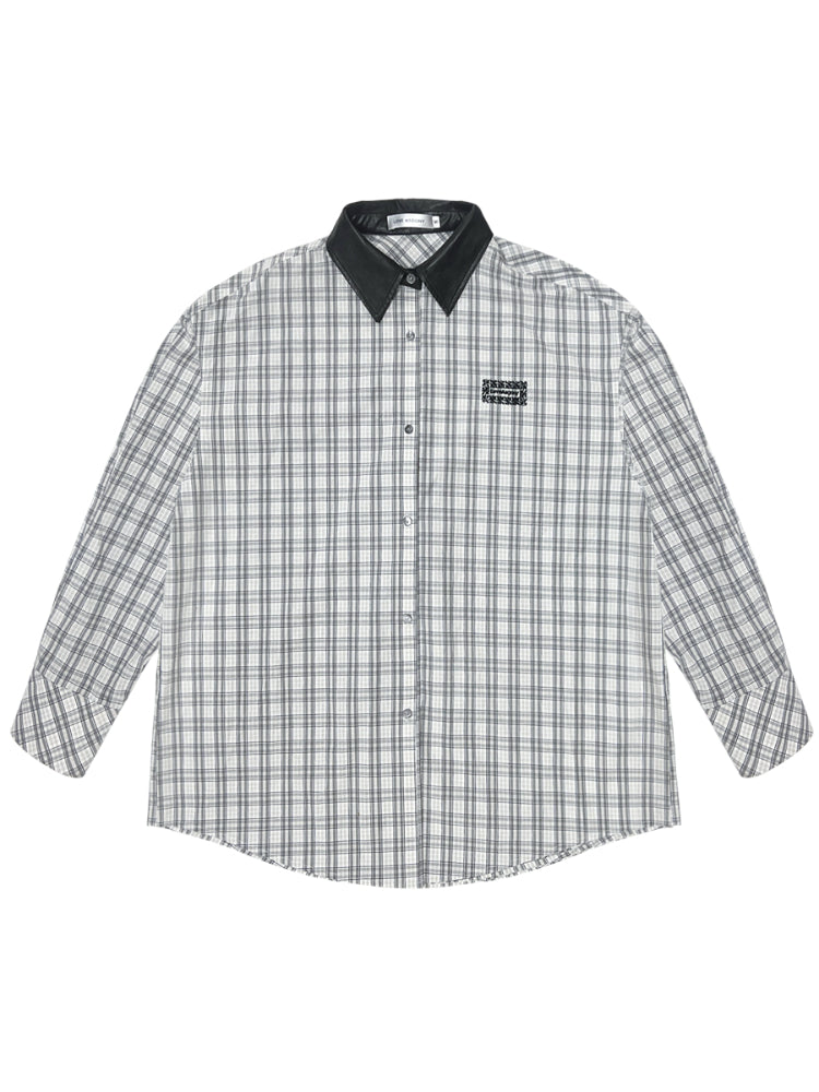 Leather Collar Embroidered Lace Plaid Shirt - CHINASQUAD