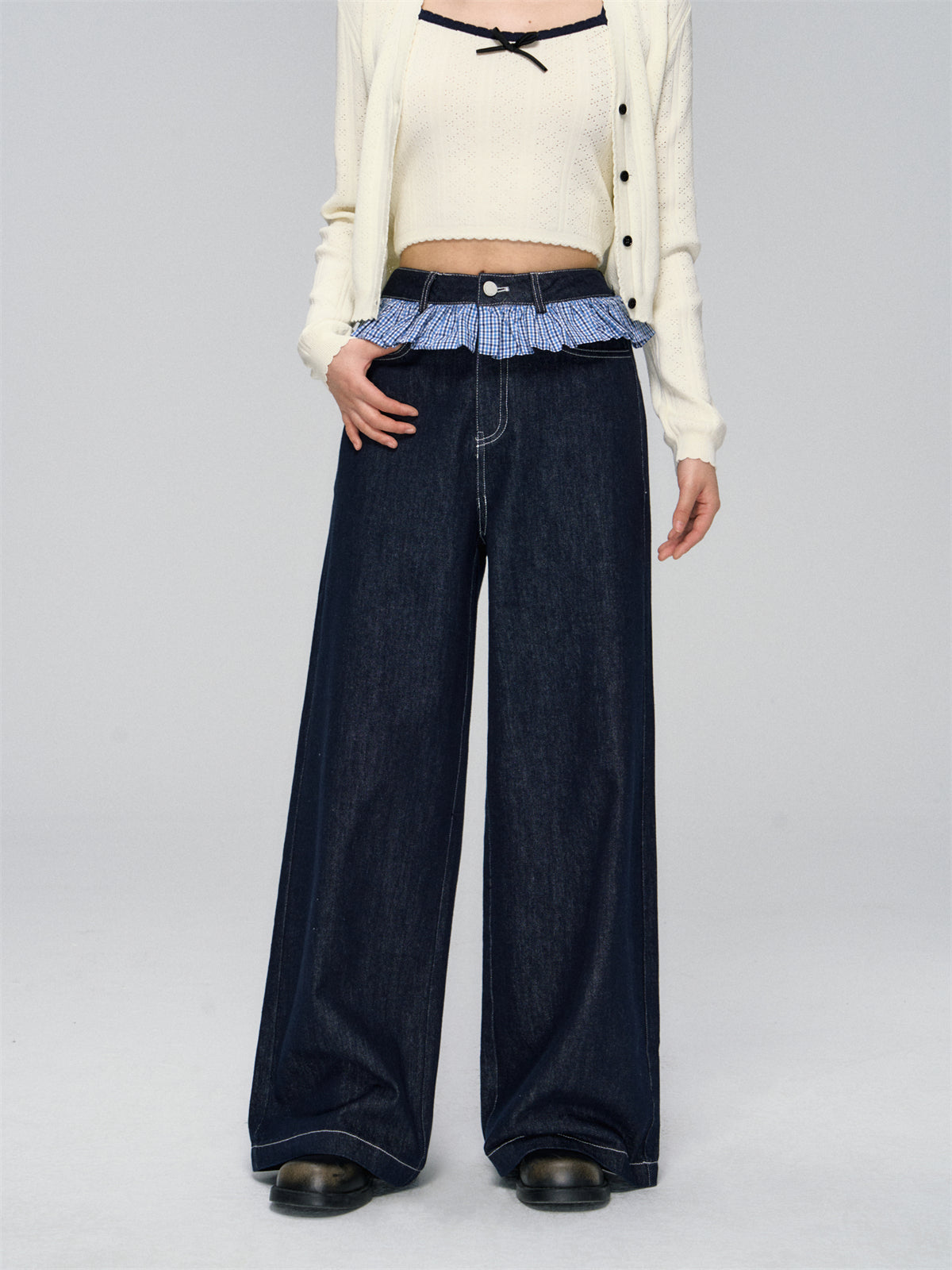 Ruffled Plaid Patchwork Straight Jeans - CHINASQUAD