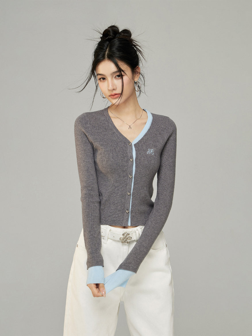 Contrast V-Neck Knit Cardigan - CHINASQUAD