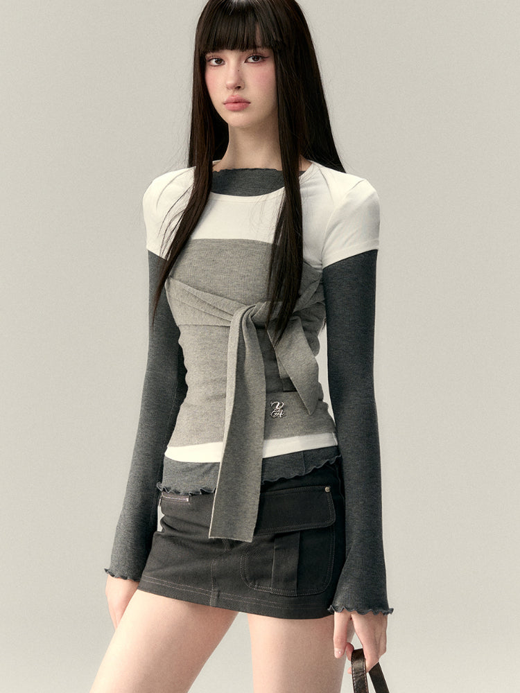 Gray & Navy Blue Tie-Knitted Top - CHINASQUAD