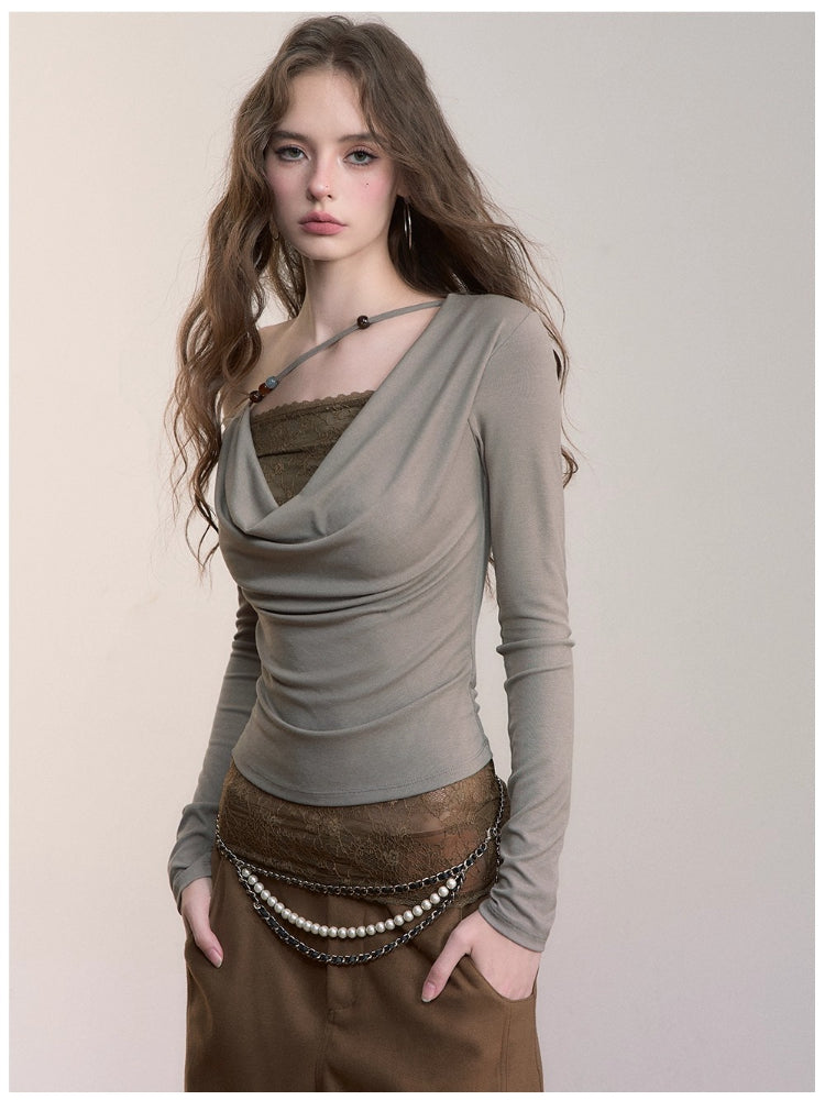 Fake Two-Piece Lace Off-Shoulder Beaded T-Shirt