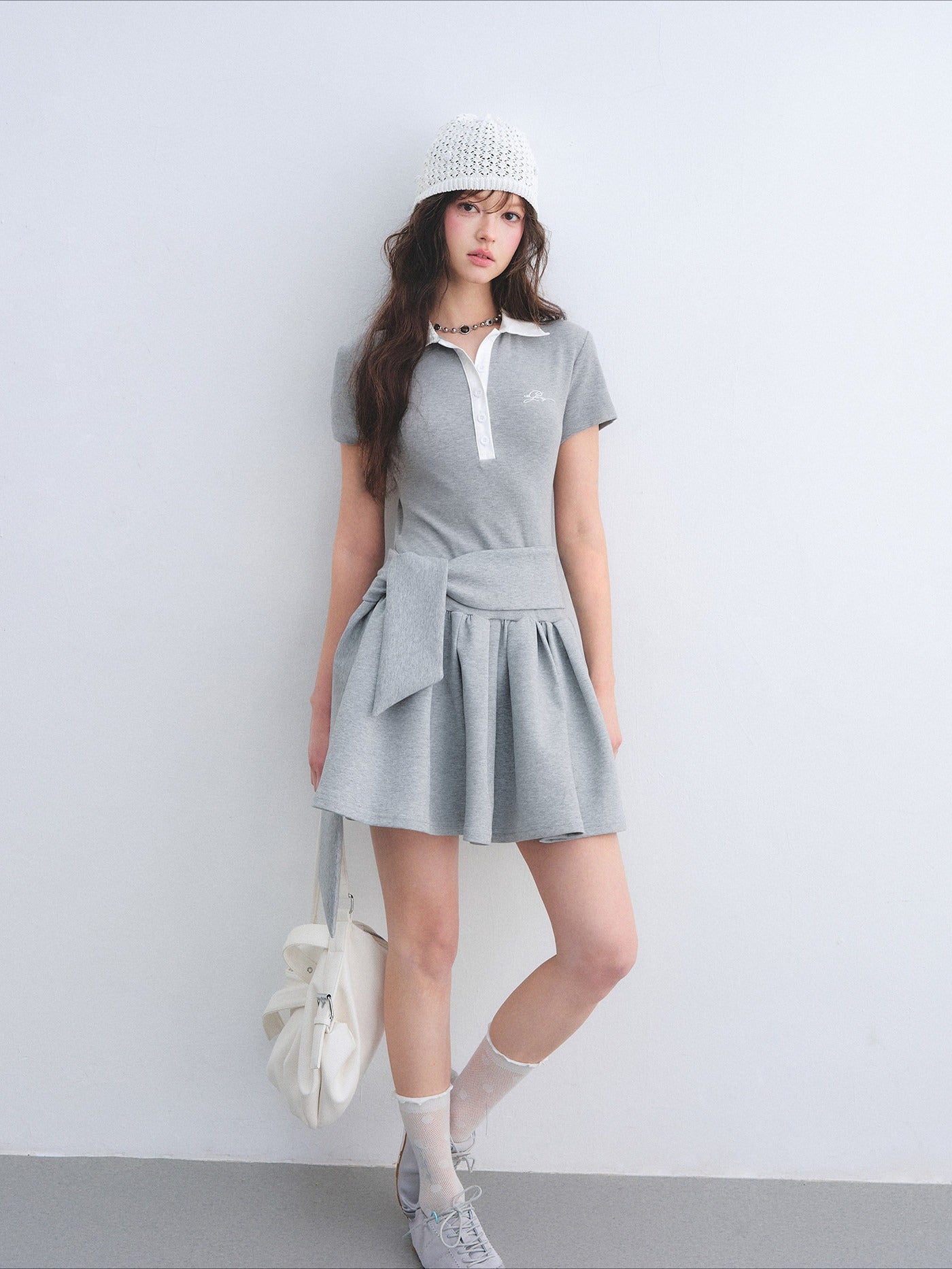 Contrast Polo Collar Puff Dress Two-Piece Set