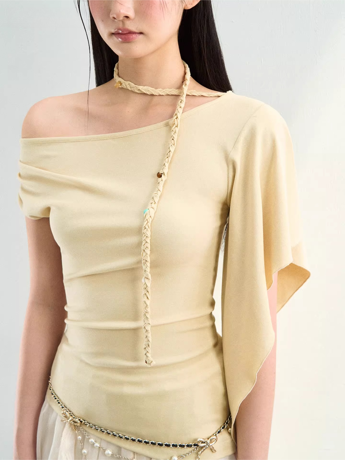 Asymmetrical Off-Shoulder Draped Blouse