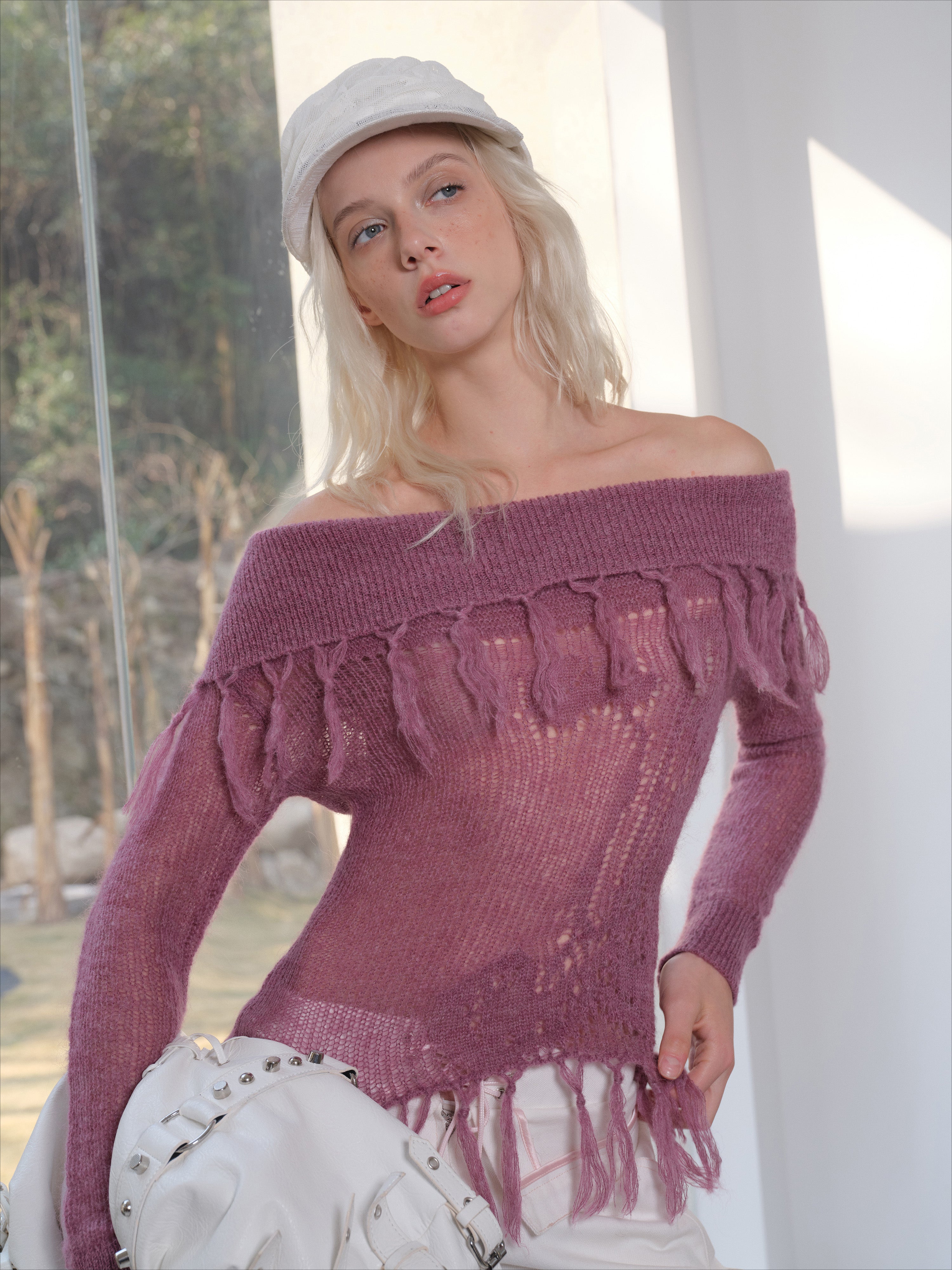 Off-Shoulder Mohair Fringe Top - CHINASQUAD