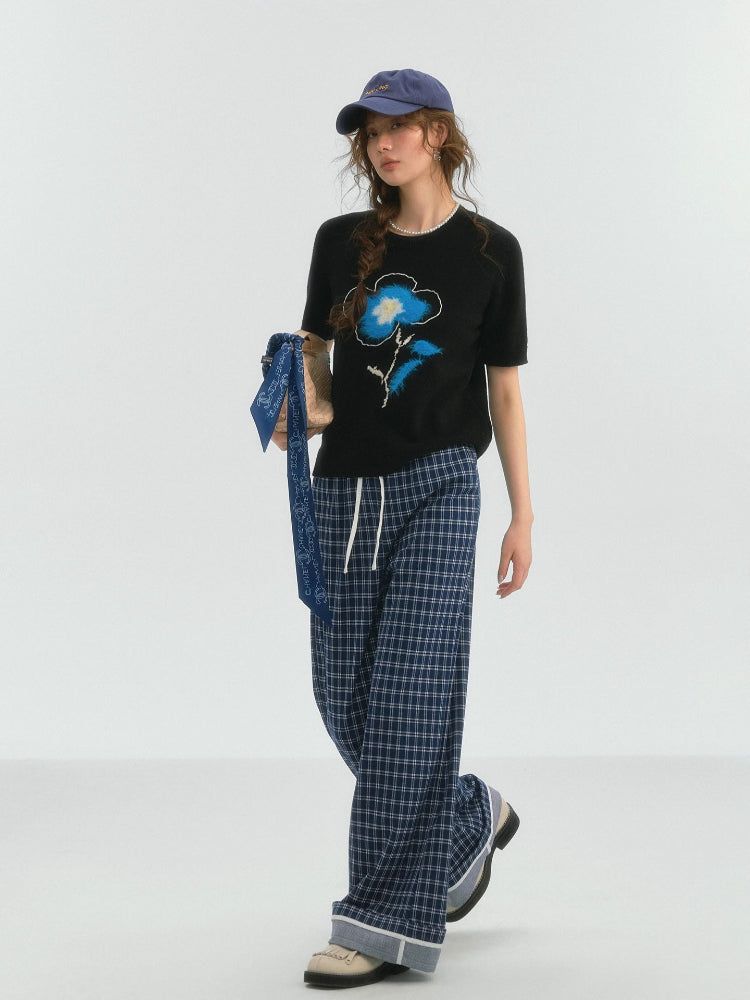 Embroidered Flower Knit Short Sleeve T-shirt - CHINASQUAD