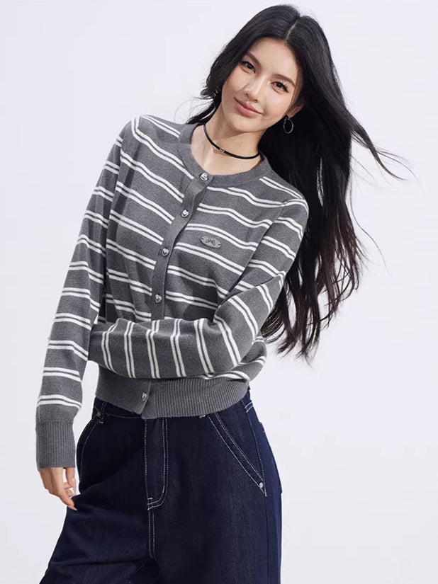 Striped Knit Cardigan & Shawl Two-Piece Set