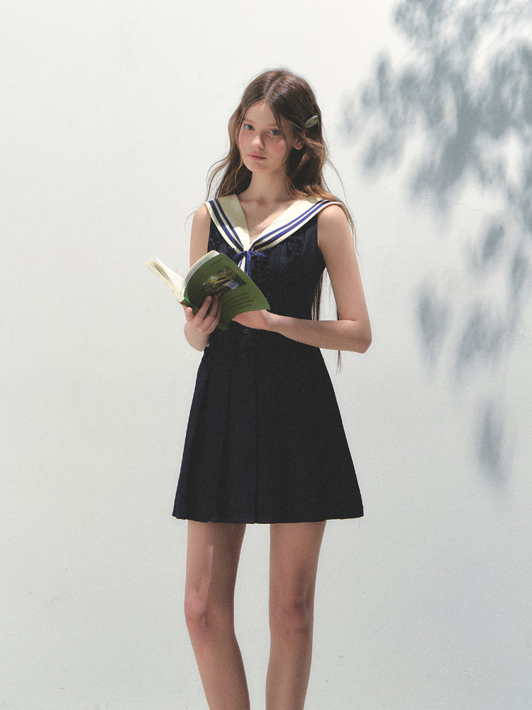 Detachable Sailor-collar Pleated Dress - CHINASQUAD