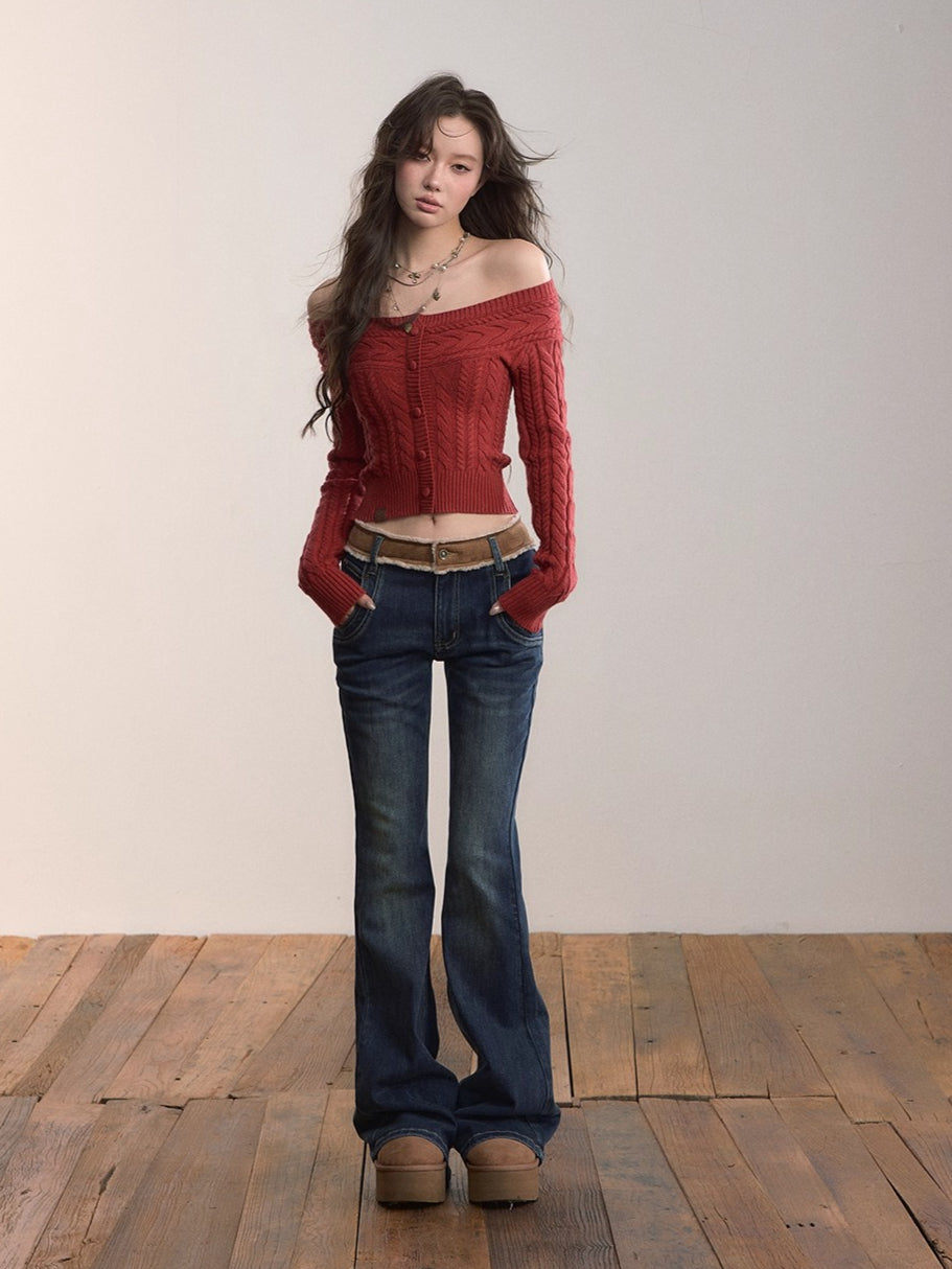 Off-Shoulder Cable Knit Cardigan - CHINASQUAD