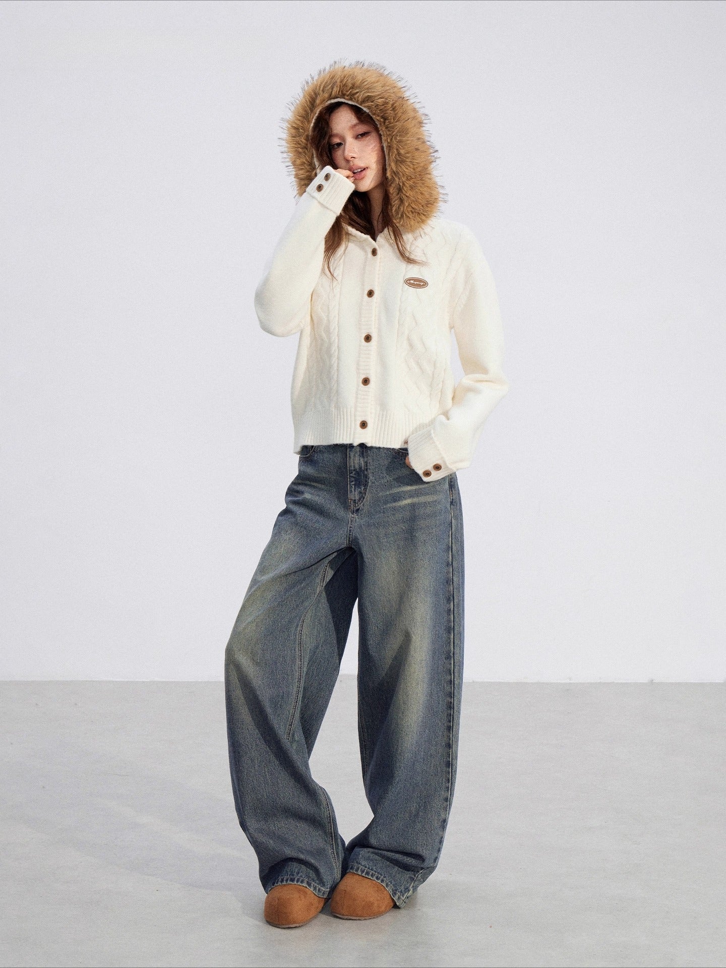 Detachable-Fur Cable-Knit Hoodie