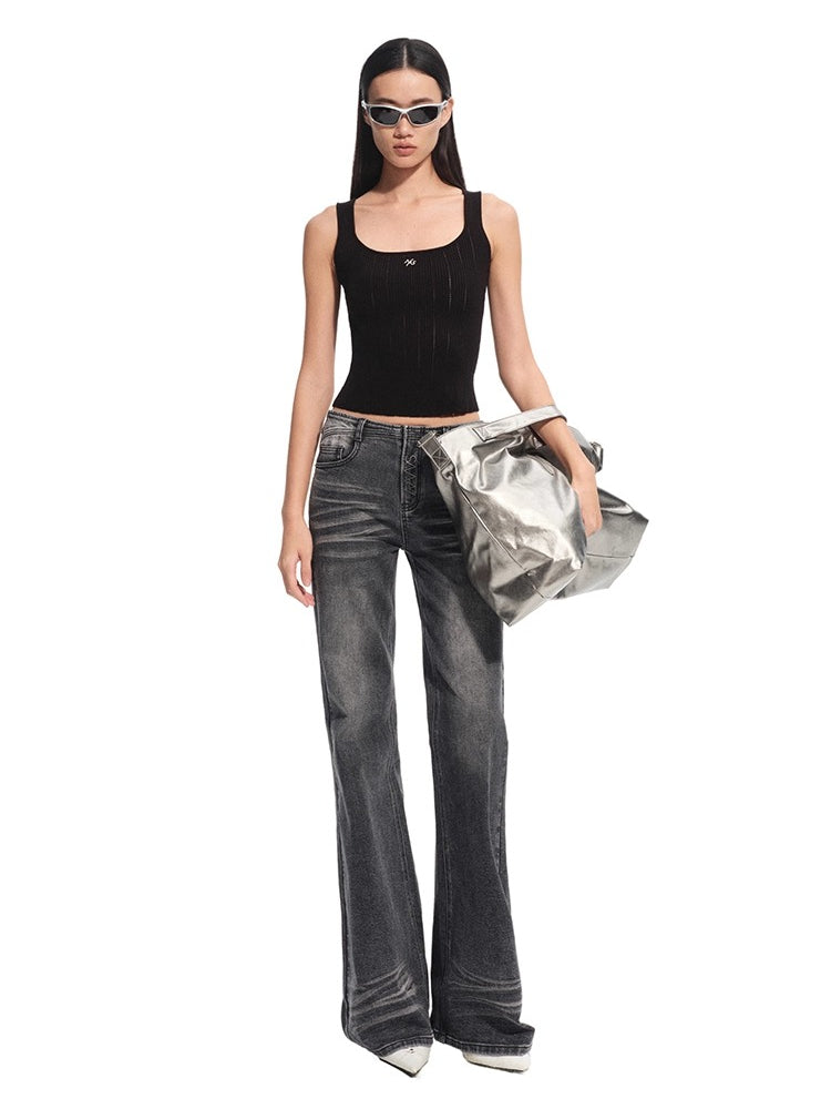 Hollow-out Square Neck Knit Tank Top - CHINASQUAD