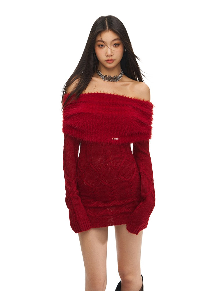 Red Off-Shoulder Mohair Knitted Dress - CHINASQUAD