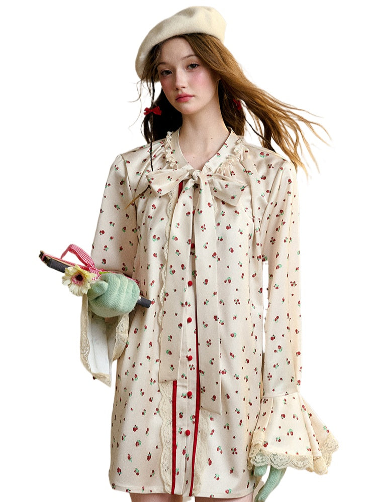 Berry Lace Print Shirt Dress - CHINASQUAD