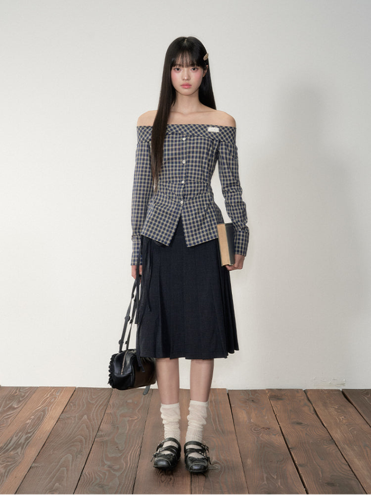 One-Shoulder Waist-Cinching Checked Shirt - CHINASQUAD