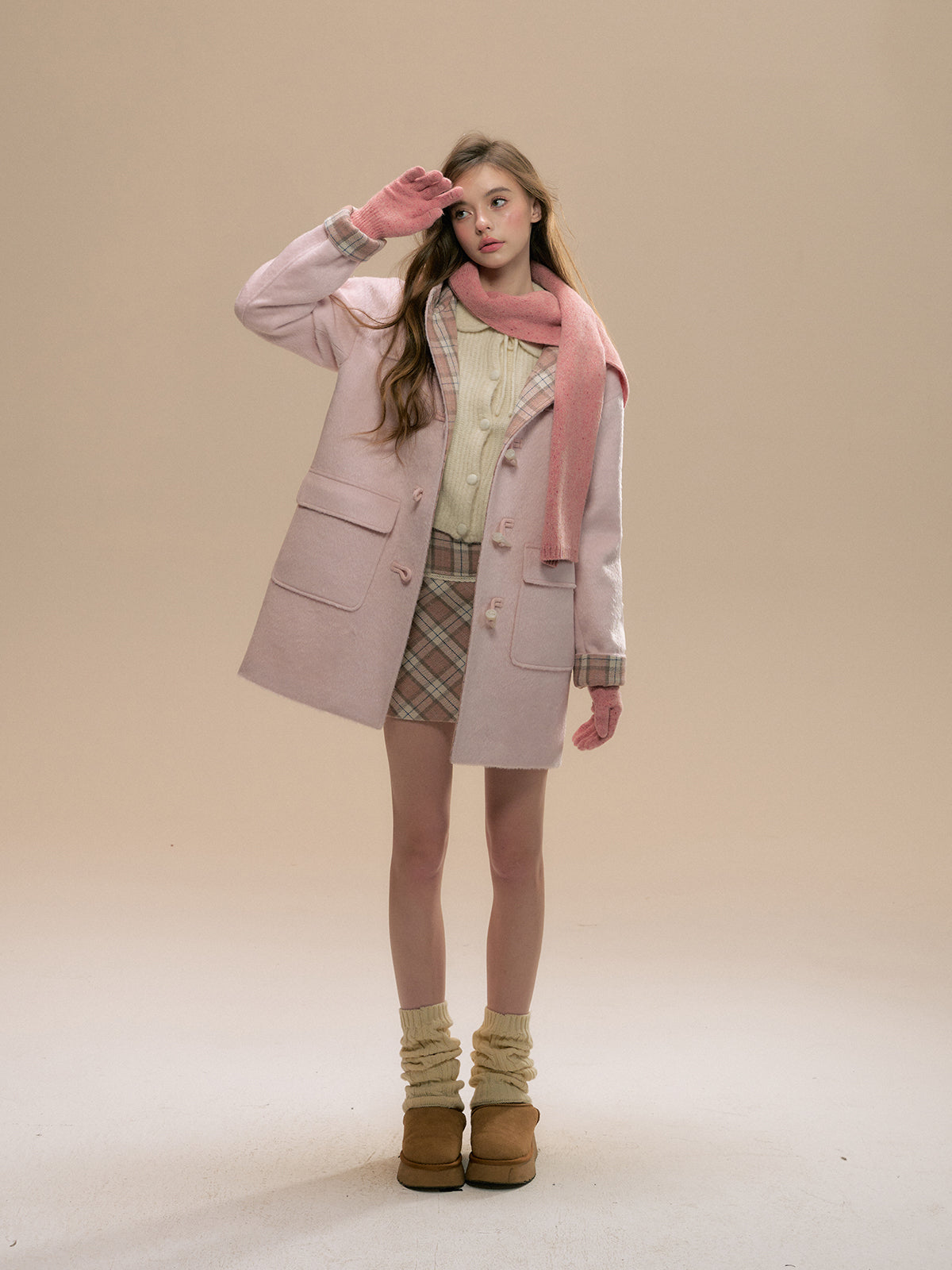 (Final Sale) Pink Plaid Horn-buttoned Coat - CHINASQUAD
