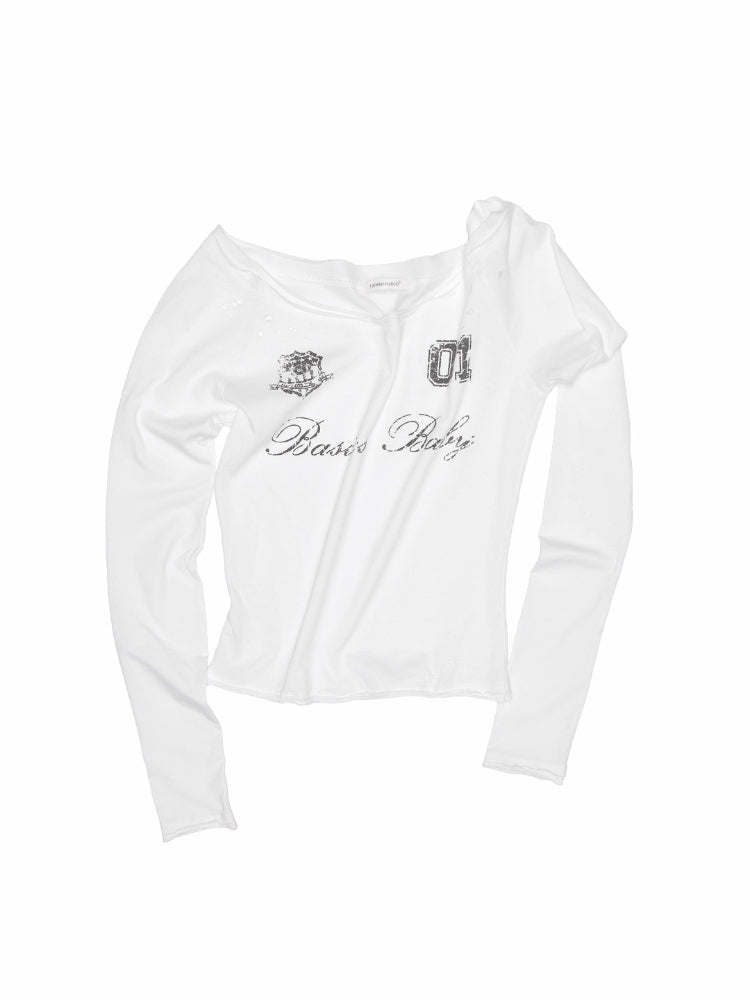 One-Shoulder Badge Printed T-shirt