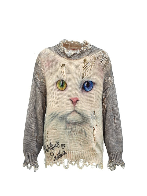 Cat Print Distressed Knit Sweater - CHINASQUAD