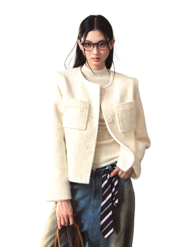 White Crewneck Elegant Chanel-Style Jacket - CHINASQUAD