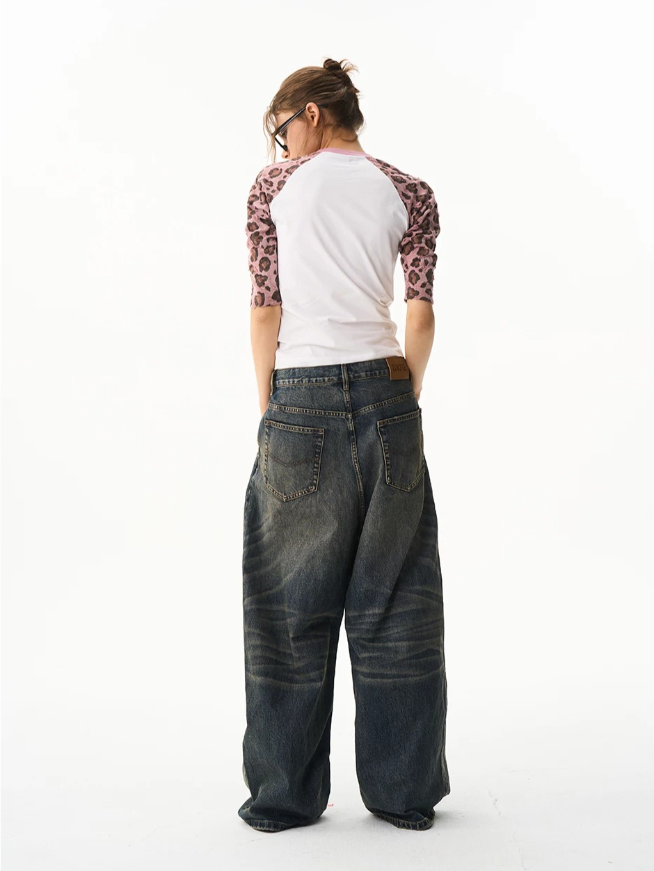 Vintage Pleated Wide-Leg Denim Jeans