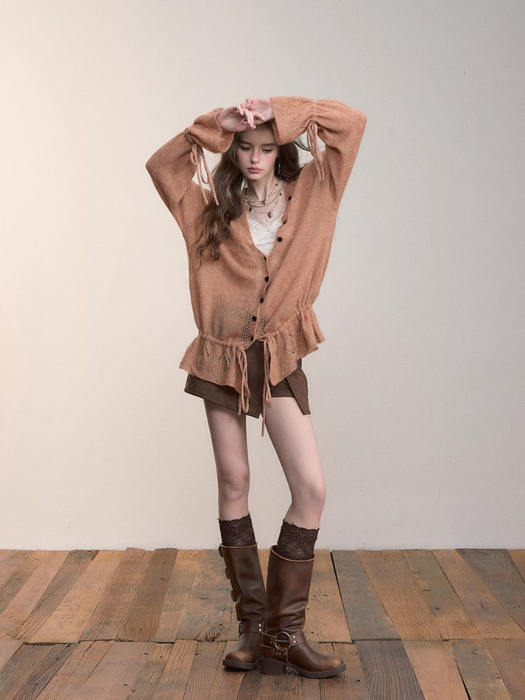 Drawstring Openwork Wool Knit Cardigan